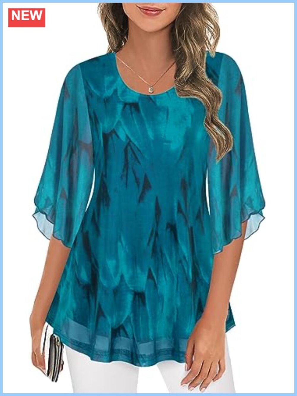 Mesh Tunic Shirt 3/4 Sleeve Blouse Sheer Dressy Casual Women's Top